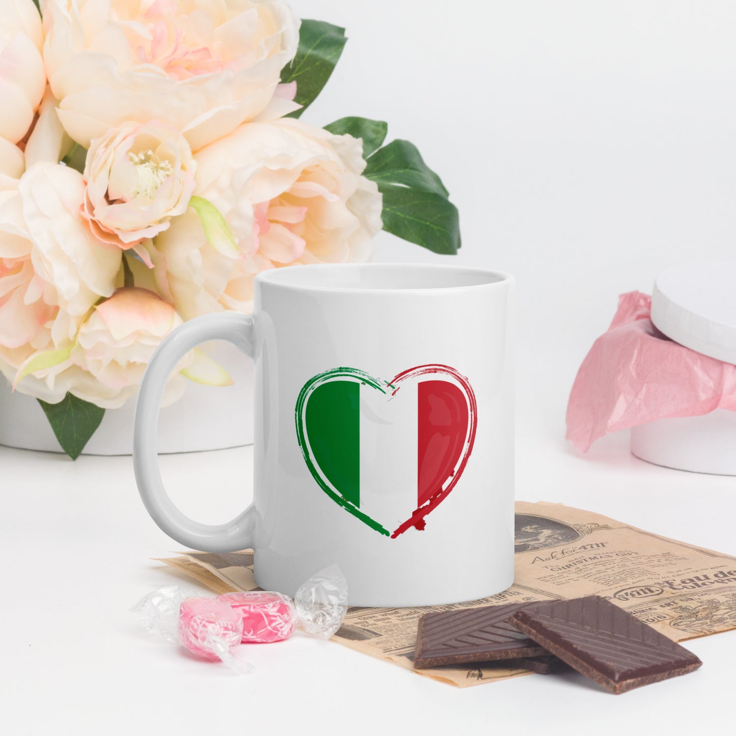 Weiße, glänzende Tasse "Herz Italien"